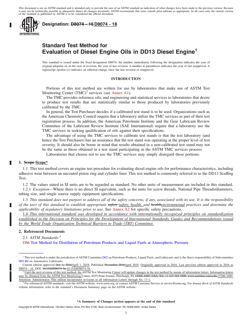 REDLINE ASTM D8074-18 - Standard Test Method for Evaluation of Diesel Engine Oils in DD13 Diesel Engine