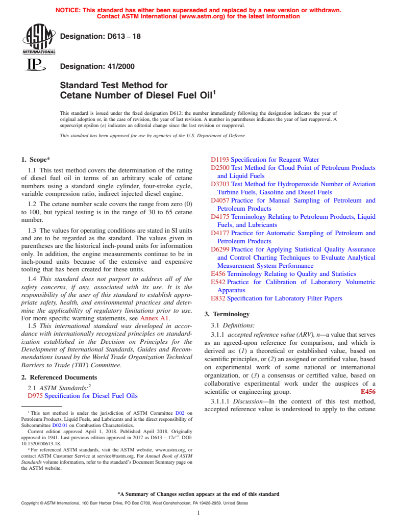 ASTM D613-18 - Standard Test Method for  Cetane Number of Diesel Fuel Oil