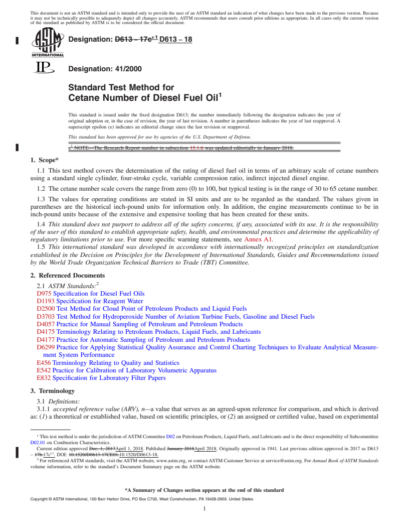 REDLINE ASTM D613-18 - Standard Test Method for  Cetane Number of Diesel Fuel Oil