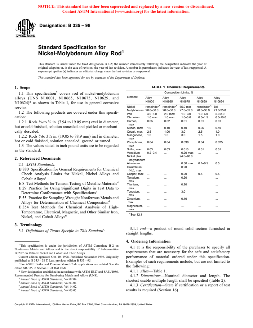 ASTM B335-98 - Standard Specification for Nickel-Molybdenum Alloy Rod