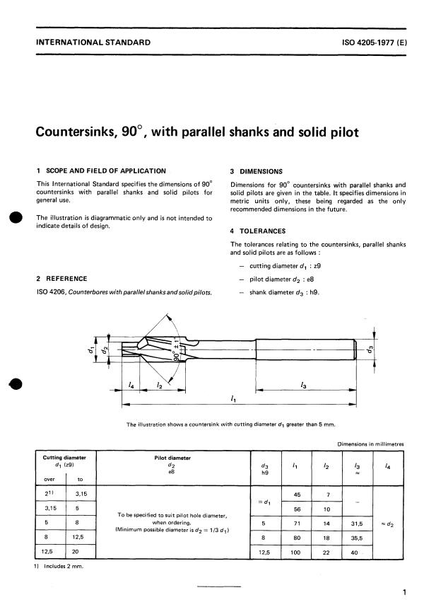 ISO 4205:1977 - Countersinks, 90 degrees, with parallel shanks and solid pilot