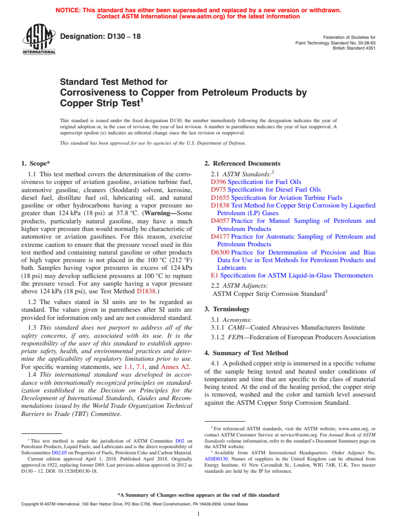 ASTM D130-18 - Standard Test Method for Corrosiveness to Copper from Petroleum Products by Copper Strip   Test