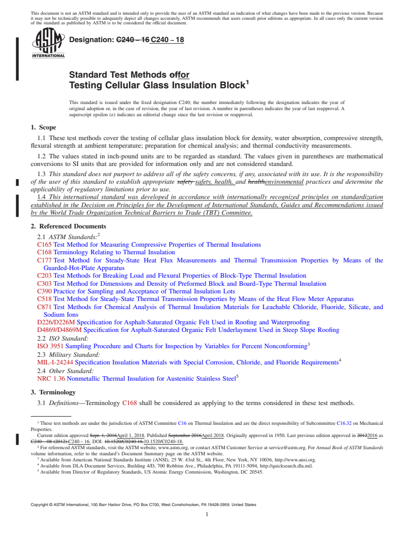 REDLINE ASTM C240-18 - Standard Test Methods for Testing Cellular Glass Insulation Block