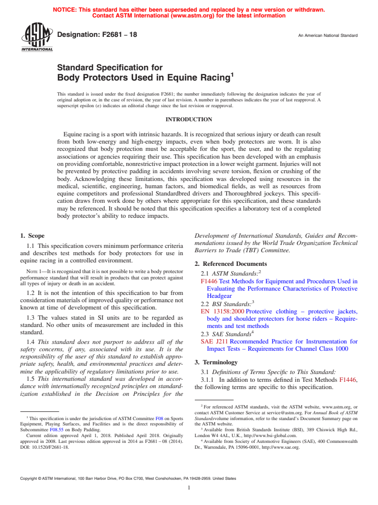 ASTM F2681-18 - Standard Specification for  Body Protectors Used in Equine Racing