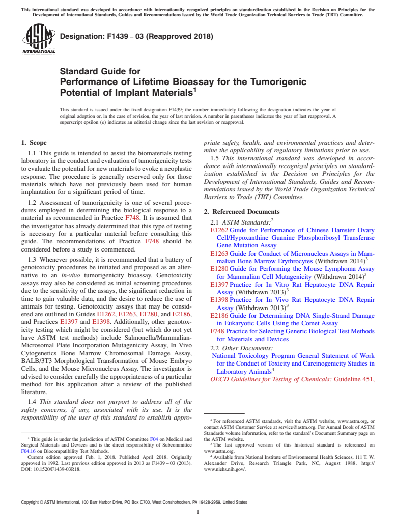 ASTM F1439-03(2018) - Standard Guide for  Performance of Lifetime Bioassay for the Tumorigenic Potential  of Implant Materials