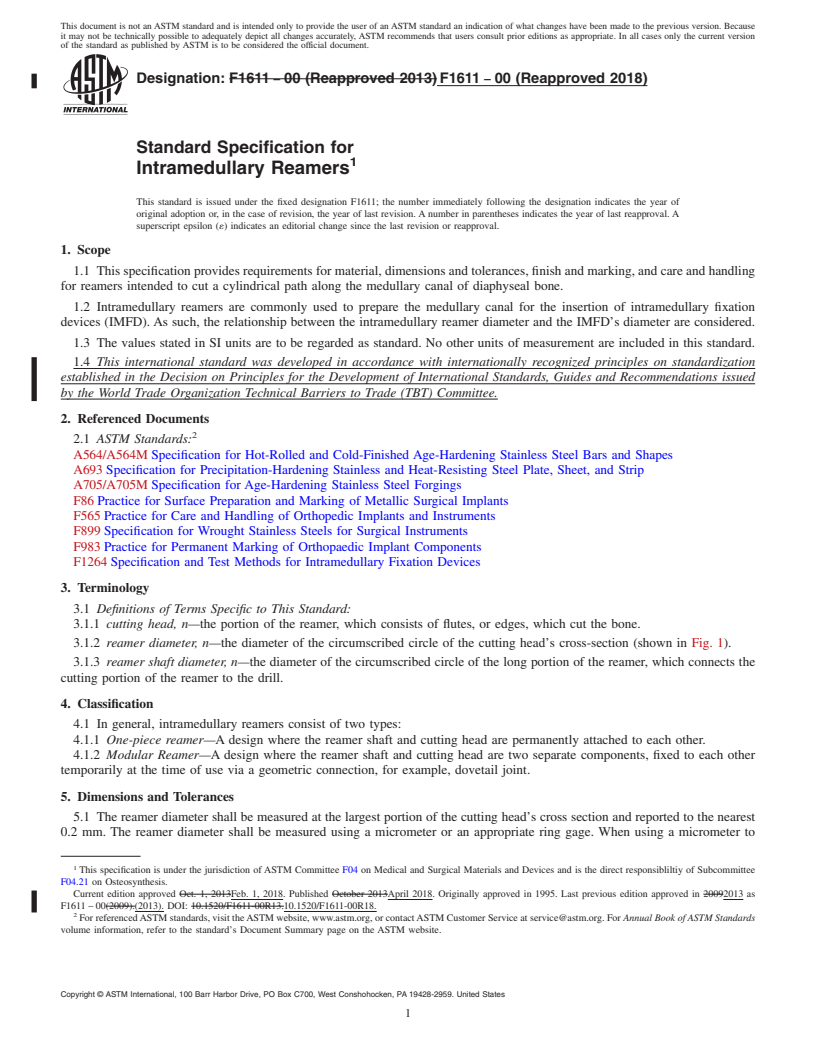 REDLINE ASTM F1611-00(2018) - Standard Specification for  Intramedullary Reamers