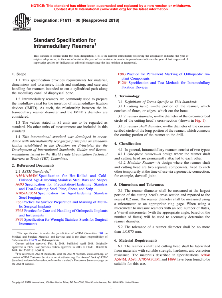 ASTM F1611-00(2018) - Standard Specification for  Intramedullary Reamers