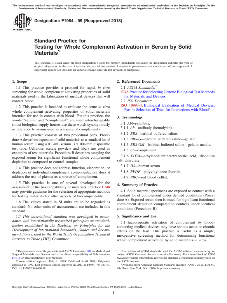 ASTM F1984-99(2018) - Standard Practice for  Testing for Whole Complement Activation in Serum by Solid Materials