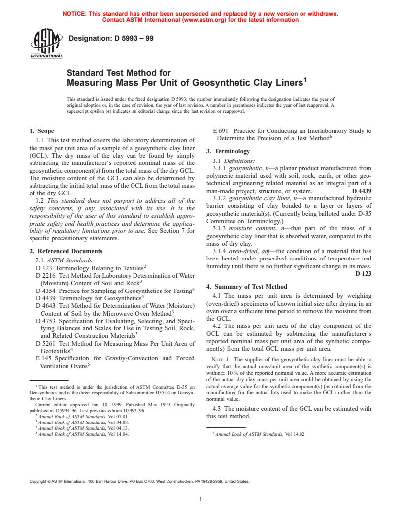 ASTM D5993-99 - Standard Test Method for Measuring Mass Per Unit of Geosynthetic Clay Liners