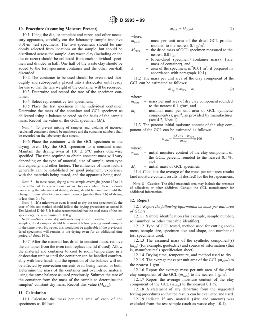 ASTM D5993-99 - Standard Test Method for Measuring Mass Per Unit of Geosynthetic Clay Liners