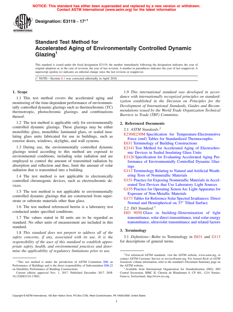 ASTM E3119-17e1 - Standard Test Method for Accelerated Aging of Environmentally Controlled Dynamic Glazing