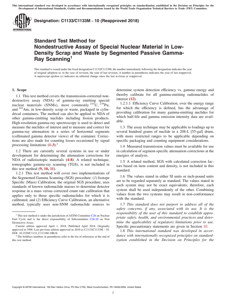 ASTM C1133/C1133M-10(2018) - Standard Test Method for  Nondestructive Assay of Special Nuclear Material in Low-Density Scrap and Waste by Segmented Passive Gamma-Ray Scanning