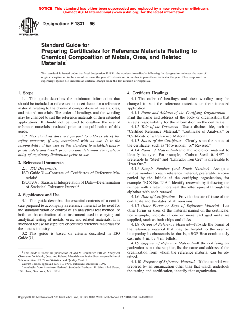 ASTM E1831-96 - Standard Guide for Preparing Certificates for Reference Materials Relating to Chemical Composition of Metals, Ores, and Related Materials (Withdrawn 2005)