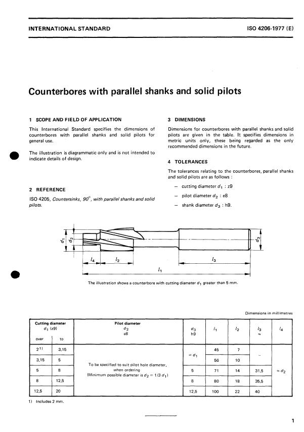 ISO 4206:1977 - Counterbores with parallel shanks and solid pilots
