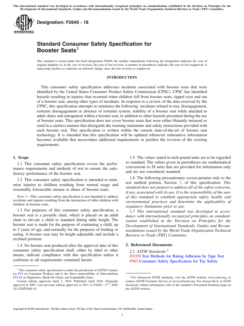 ASTM F2640-18 - Standard Consumer Safety Specification for  Booster Seats