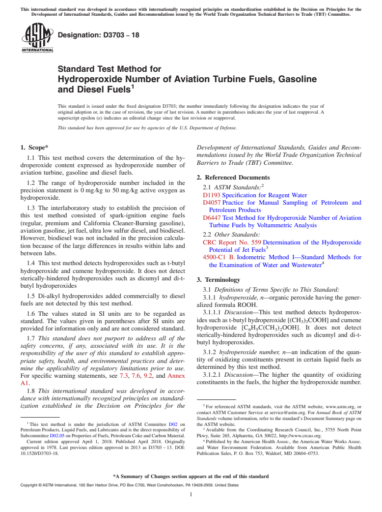 ASTM D3703-18 - Standard Test Method for Hydroperoxide Number of Aviation Turbine Fuels, Gasoline and   Diesel Fuels