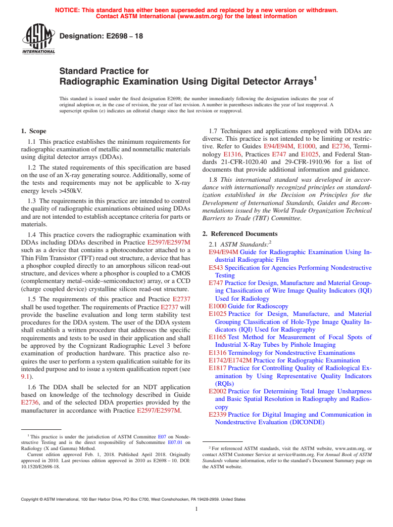 ASTM E2698-18 - Standard Practice for Radiographic Examination Using Digital Detector Arrays