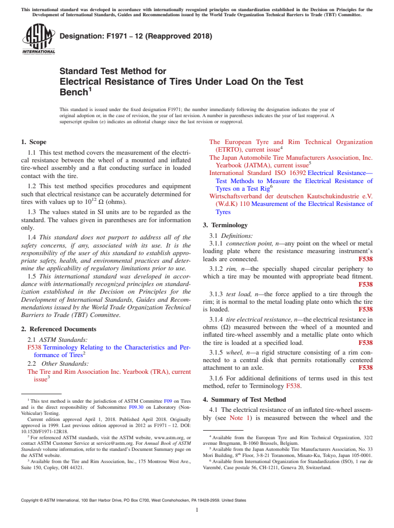 ASTM F1971-12(2018) - Standard Test Method for  Electrical Resistance of Tires Under Load On the Test Bench