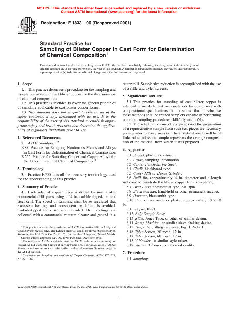 ASTM E1833-96(2001) - Standard Practice for Sampling of Blister Copper in Cast Form for Determination of Chemical Composition