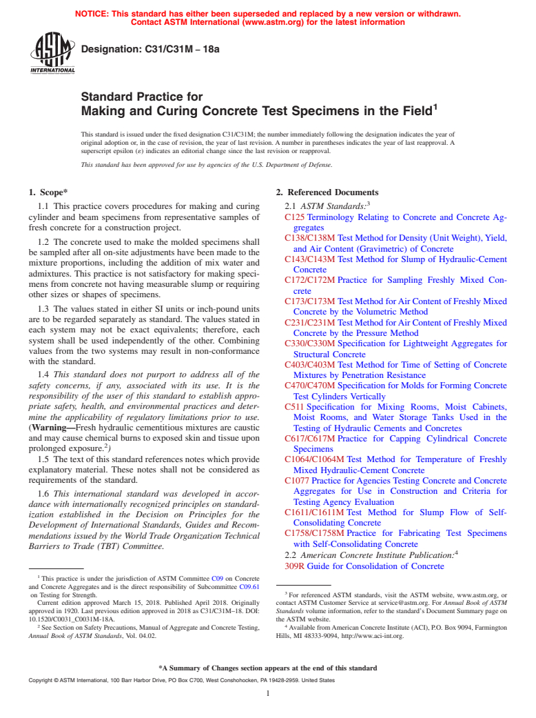 ASTM C31/C31M-18a - Standard Practice for  Making and Curing Concrete Test Specimens in the Field