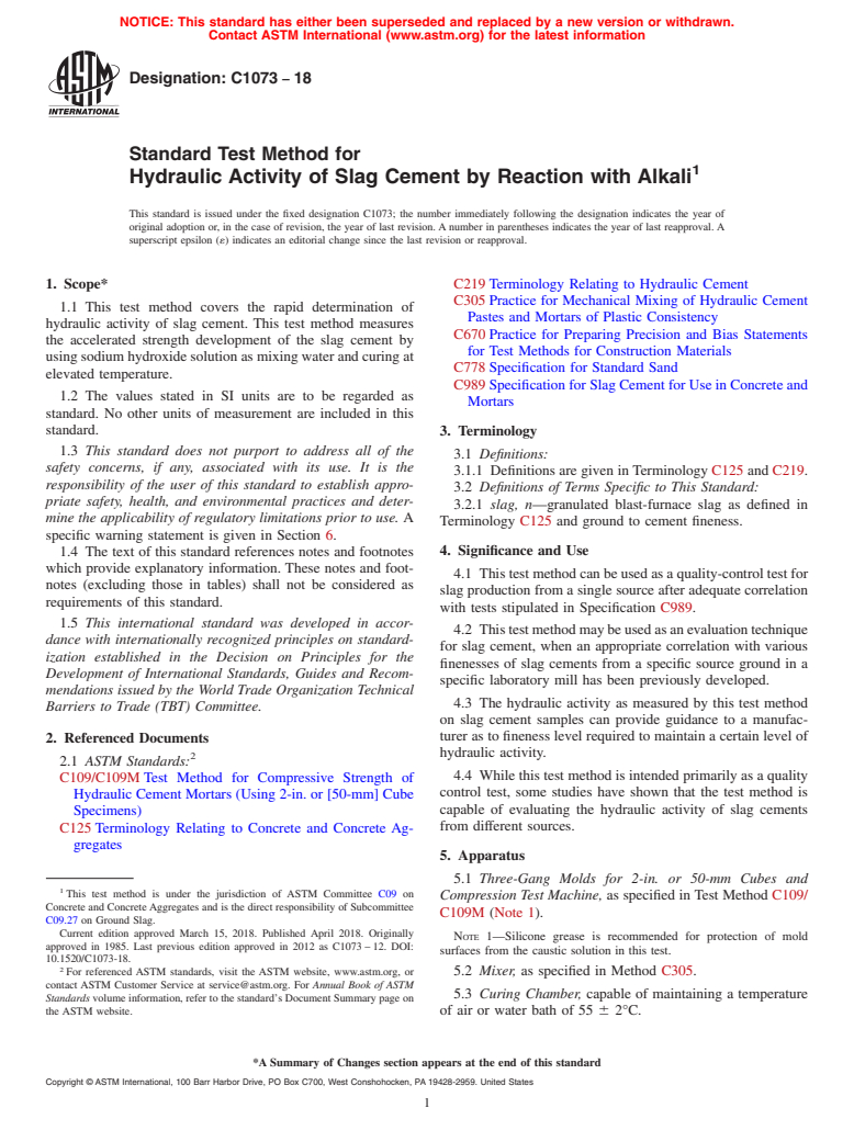 ASTM C1073-18 - Standard Test Method for  Hydraulic Activity of Slag Cement by Reaction with Alkali