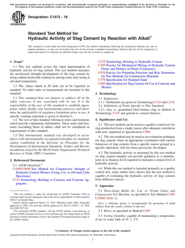 ASTM C1073-18 - Standard Test Method for  Hydraulic Activity of Slag Cement by Reaction with Alkali