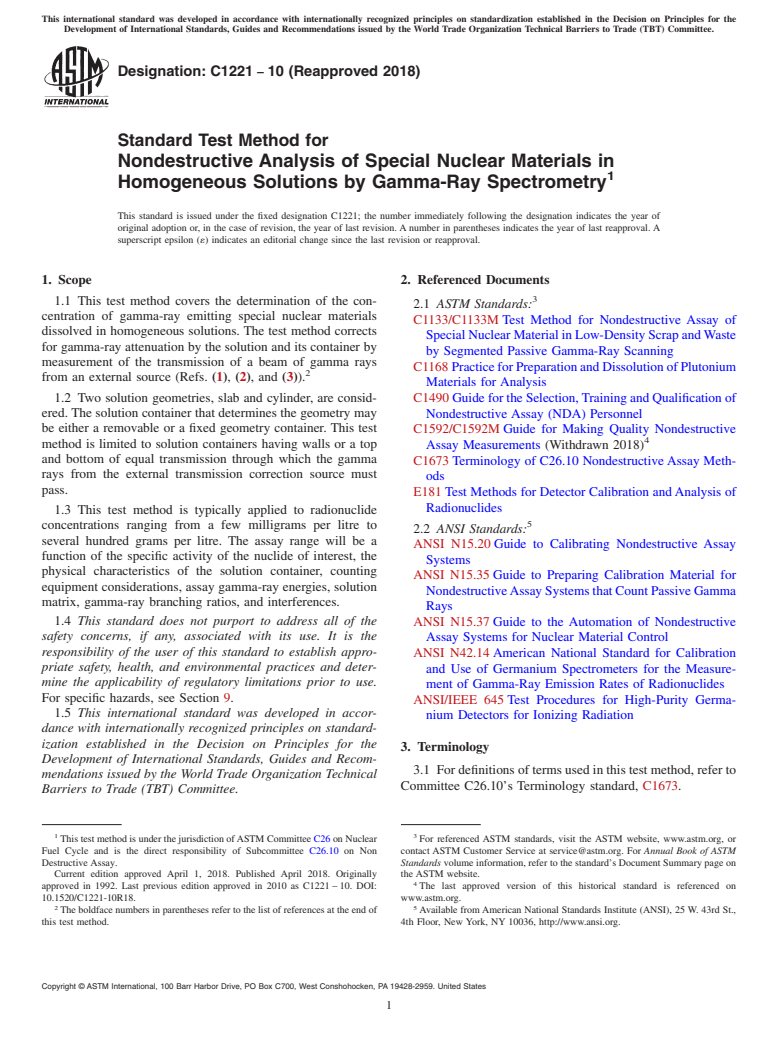 ASTM C1221-10(2018) - Standard Test Method for  Nondestructive Analysis of Special Nuclear Materials in Homogeneous  Solutions by Gamma-Ray Spectrometry