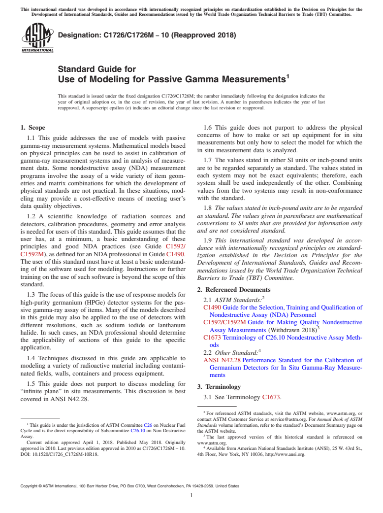 ASTM C1726/C1726M-10(2018) - Standard Guide for  Use of Modeling for Passive Gamma Measurements