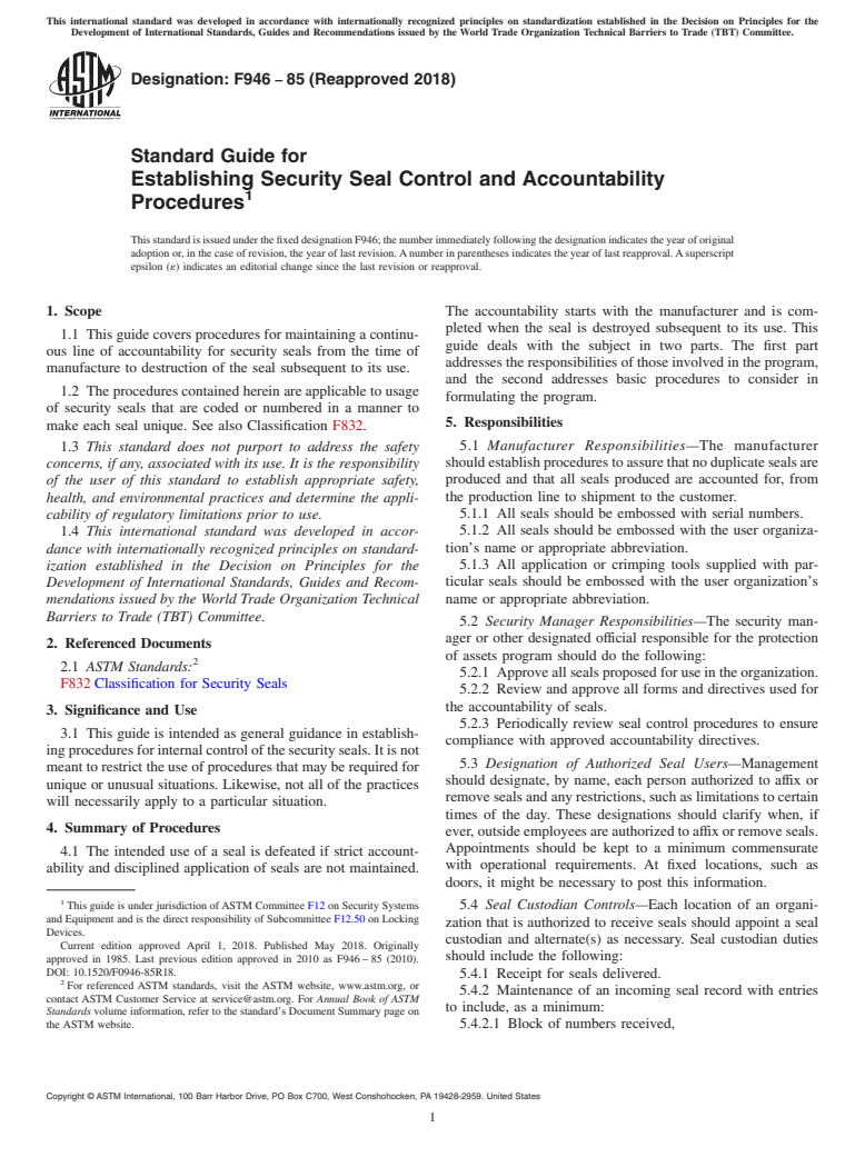 ASTM F946-85(2018) - Standard Guide for  Establishing Security Seal Control and Accountability Procedures