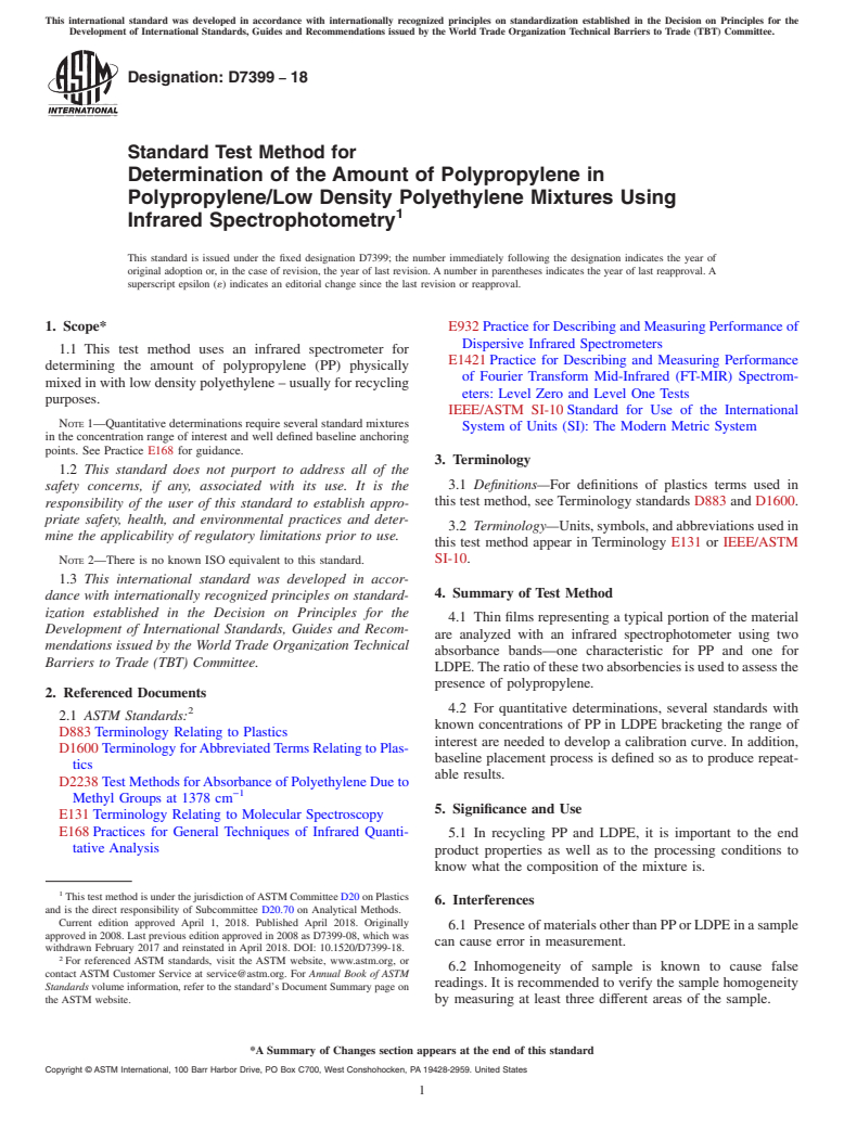 ASTM D7399-18 - Standard Test Method for Determination of the Amount of Polypropylene in Polypropylene/Low  Density Polyethylene Mixtures Using Infrared Spectrophotometry