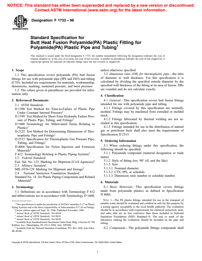 ASTM F1733-96 - Standard Specification for Butt heat Fusion Polyamide(PA) Plastic Fitting for Polyamide(PA) Plastic Pipe and Tubing