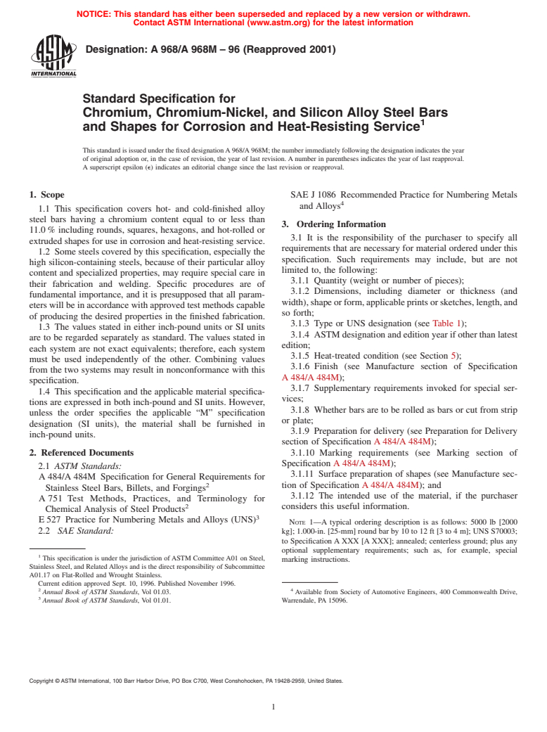 ASTM A968/A968M-96(2001) - Standard Specification for Chromium, Chromium-Nickel, and Silicon Alloy Steel Bars and Shapes for Corrosion and Heat-Resisting Service