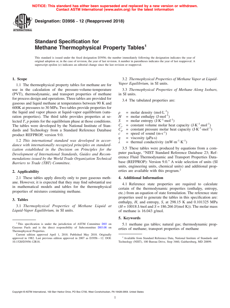 ASTM D3956-12(2018) - Standard Specification for  Methane Thermophysical Property Tables