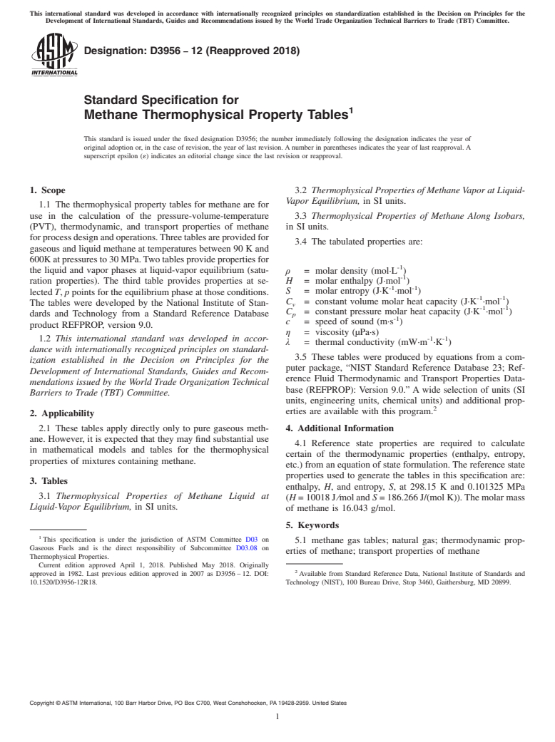 ASTM D3956-12(2018) - Standard Specification for  Methane Thermophysical Property Tables