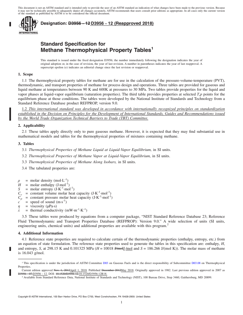 REDLINE ASTM D3956-12(2018) - Standard Specification for  Methane Thermophysical Property Tables