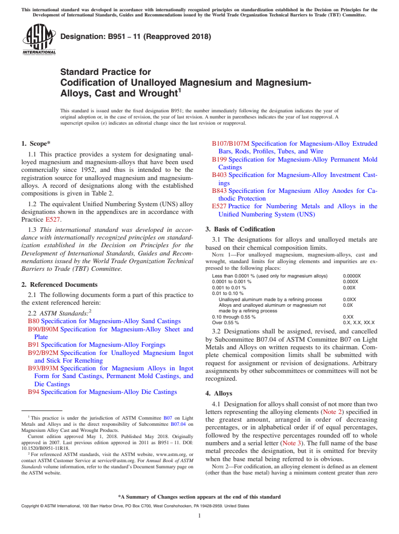 ASTM B951-11(2018) - Standard Practice for  Codification of Unalloyed Magnesium and Magnesium-Alloys, Cast  and Wrought