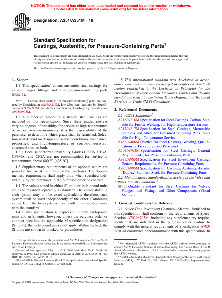 ASTM A351/A351M-18 - Standard Specification for  Castings, Austenitic, for Pressure-Containing Parts