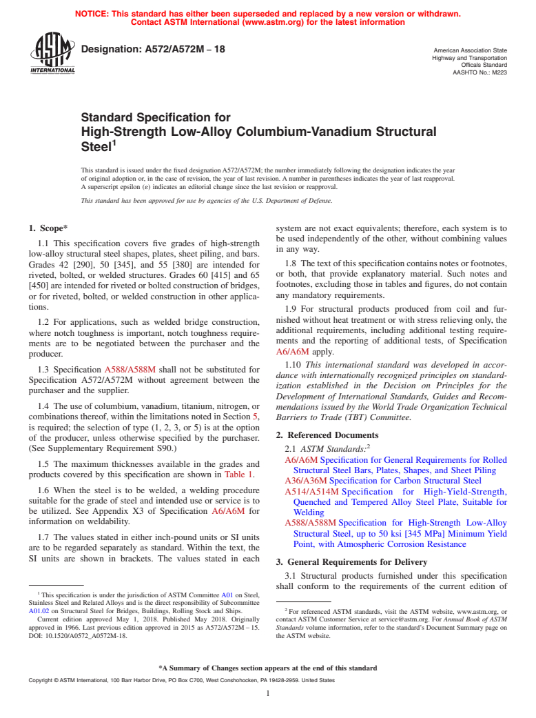 ASTM A572/A572M-18 - Standard Specification for  High-Strength Low-Alloy Columbium-Vanadium Structural Steel