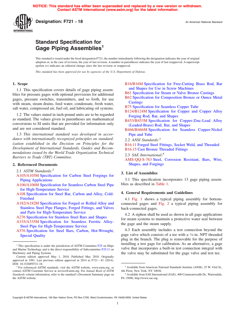 ASTM F721-18 - Standard Specification for  Gage Piping Assemblies