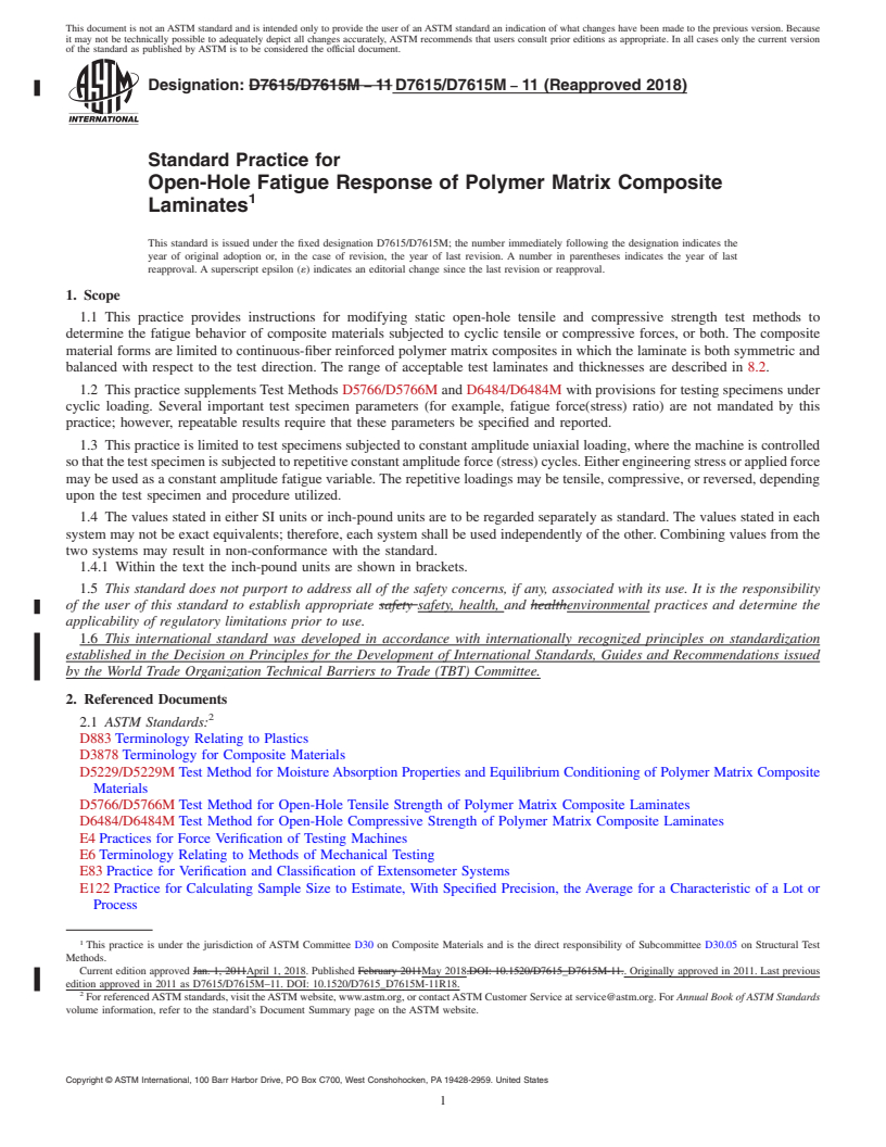 REDLINE ASTM D7615/D7615M-11(2018) - Standard Practice for  Open-Hole Fatigue Response of Polymer Matrix Composite Laminates