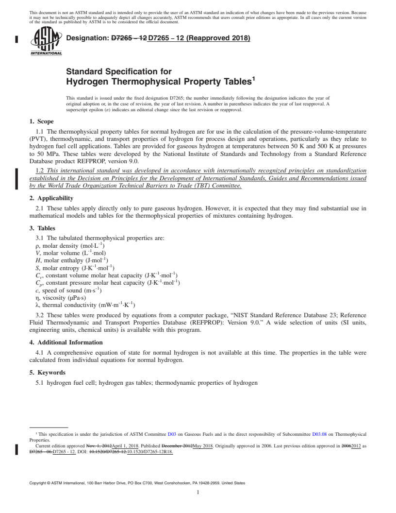 REDLINE ASTM D7265-12(2018) - Standard Specification for  Hydrogen Thermophysical Property Tables