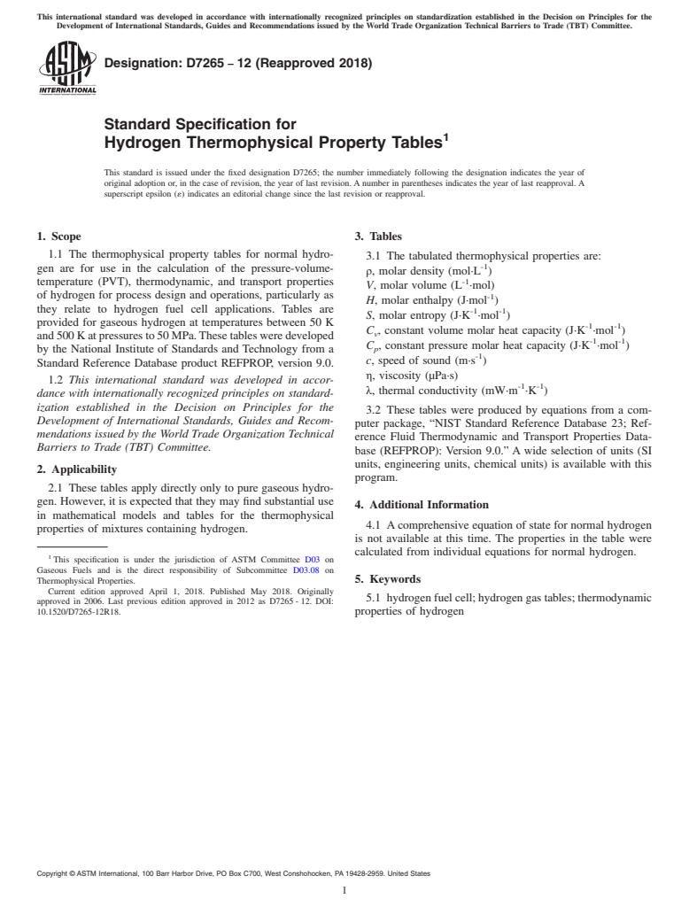 ASTM D7265-12(2018) - Standard Specification for  Hydrogen Thermophysical Property Tables