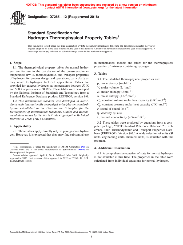 ASTM D7265-12(2018) - Standard Specification for  Hydrogen Thermophysical Property Tables