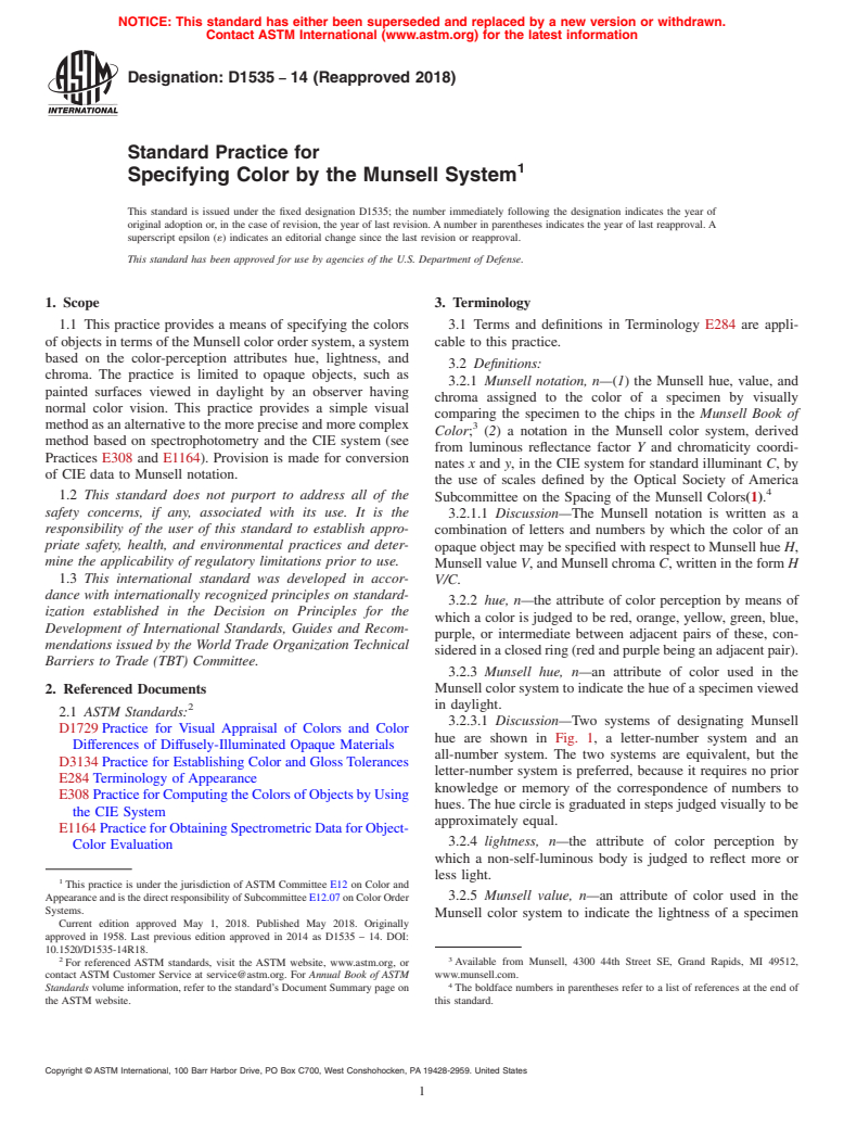 ASTM D1535-14(2018) - Standard Practice for Specifying Color by the Munsell System