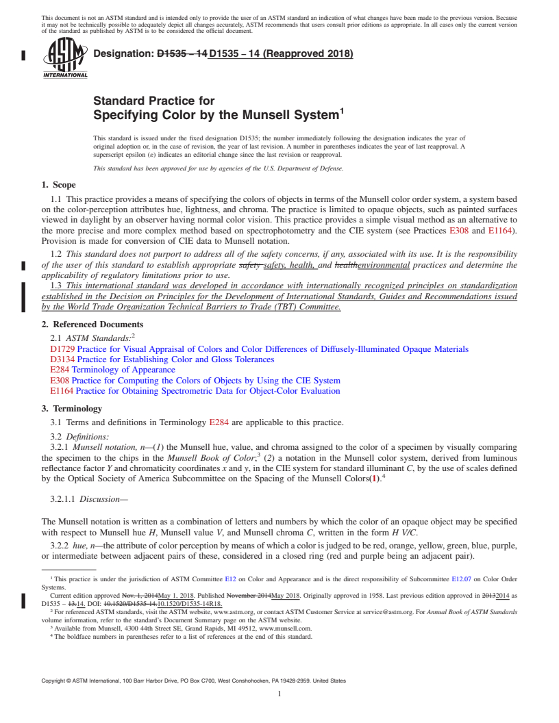 REDLINE ASTM D1535-14(2018) - Standard Practice for Specifying Color by the Munsell System