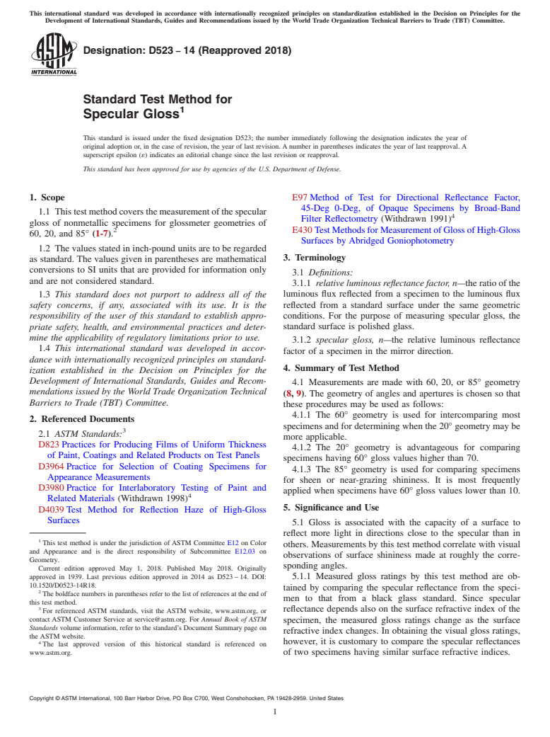 ASTM D523-14(2018) - Standard Test Method for Specular Gloss