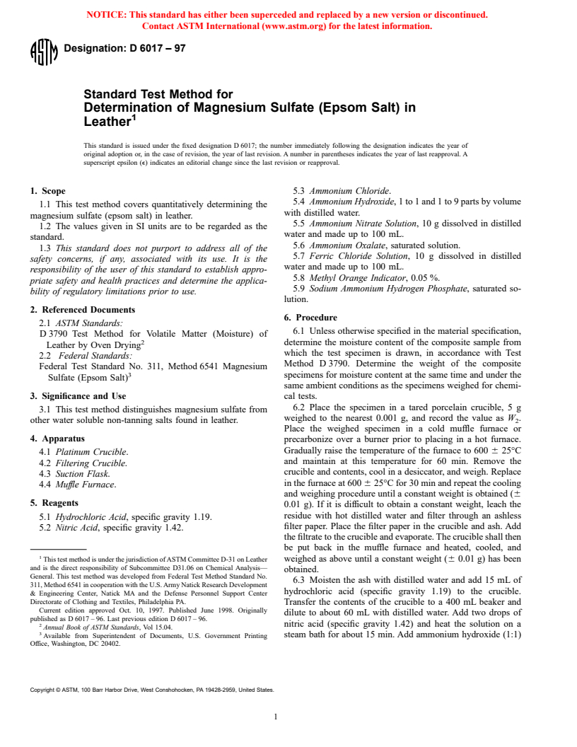 ASTM D6017-97 - Standard Test Method for Determination of Magnesium Sulfate (Epsom Salt) in Leather