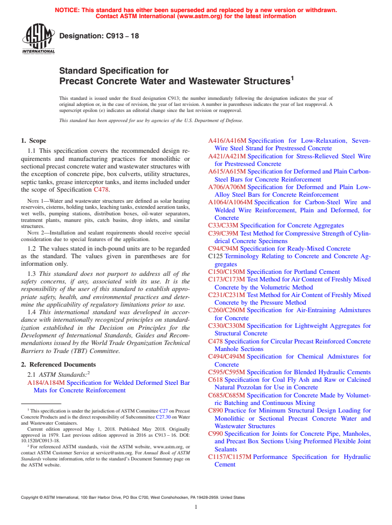 ASTM C913-18 - Standard Specification for  Precast Concrete Water and Wastewater Structures