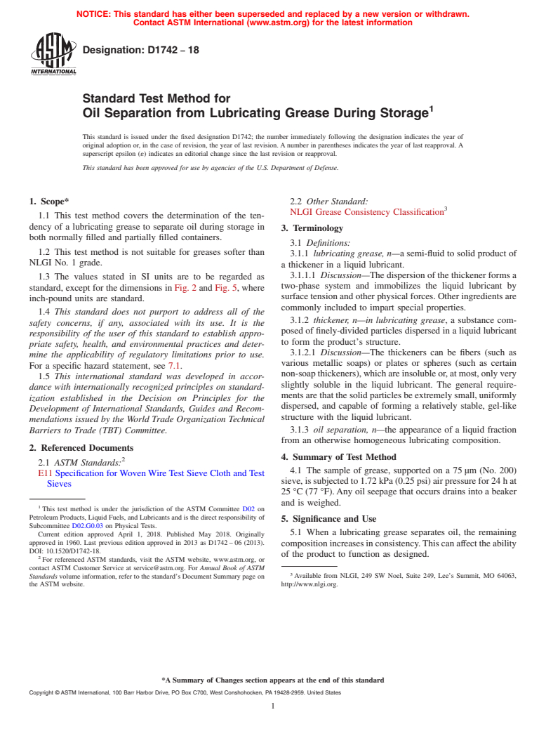 ASTM D1742-18 - Standard Test Method for  Oil Separation from Lubricating Grease During Storage