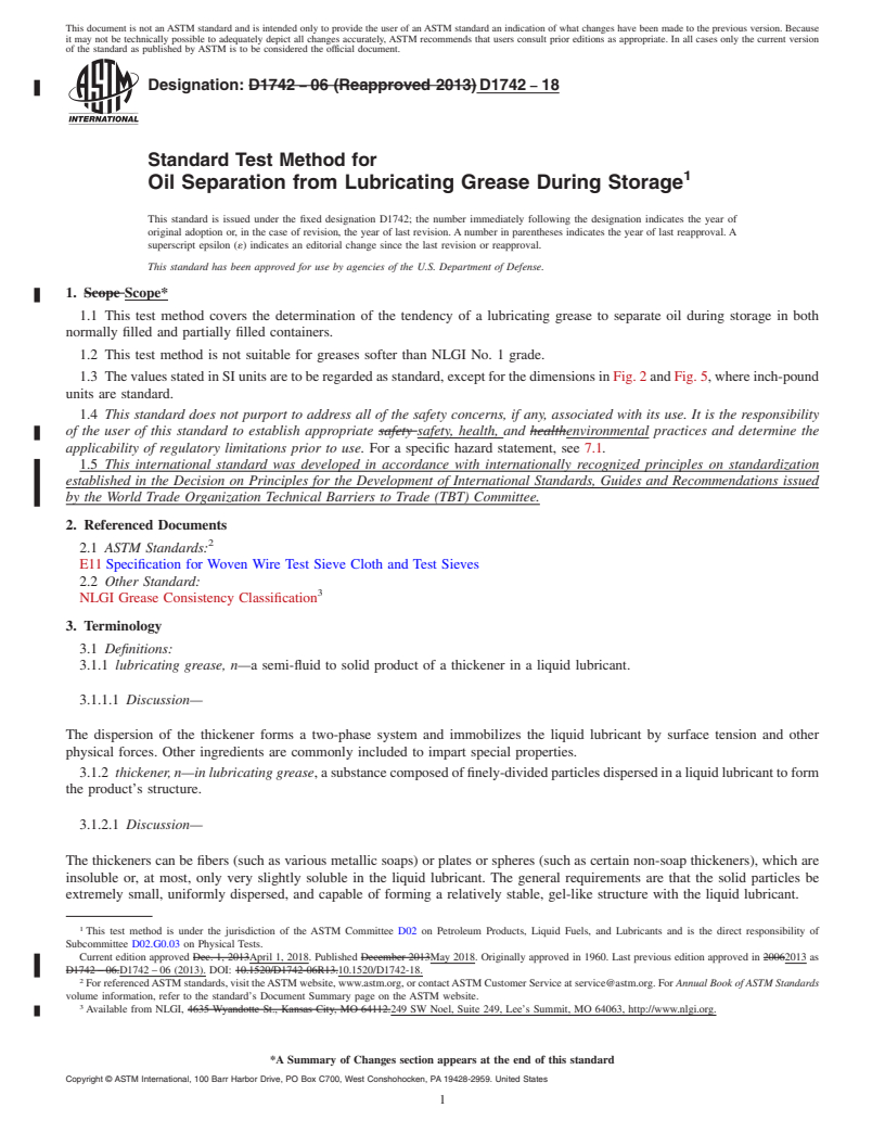 REDLINE ASTM D1742-18 - Standard Test Method for  Oil Separation from Lubricating Grease During Storage